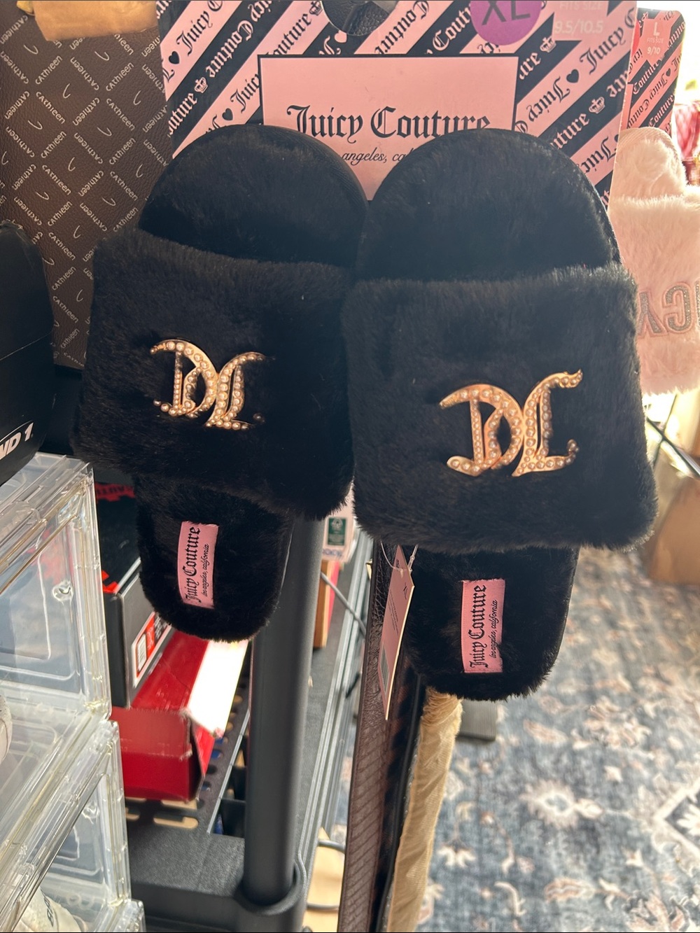 Juicy Couture Black Faux Fur Slide Slippers with Gold DC Emblem